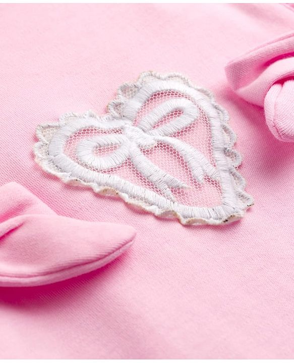 Babyhug Single Jersey Knit Dungaree & Half Sleeves Inner Tee with Bow Embroidery - White & Pink