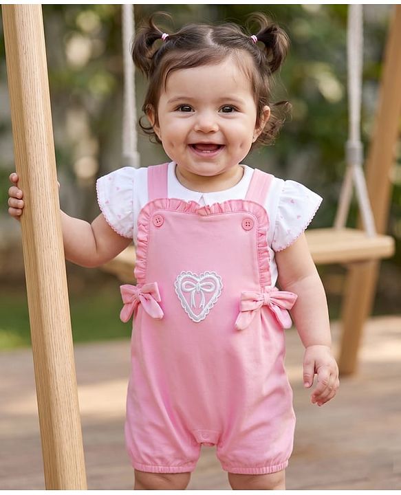 Babyhug Single Jersey Knit Dungaree & Half Sleeves Inner Tee with Bow Embroidery - White & Pink