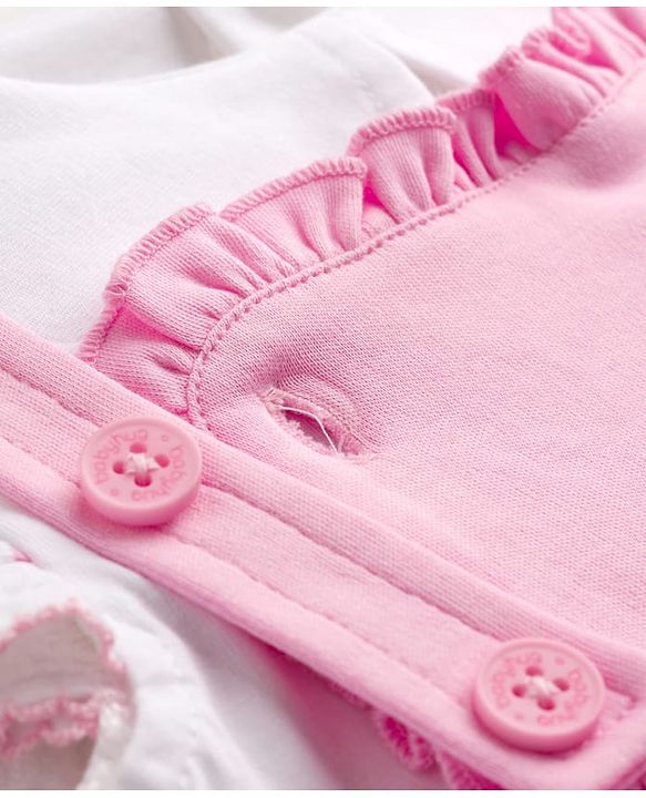 Babyhug Single Jersey Knit Dungaree & Half Sleeves Inner Tee with Bow Embroidery - White & Pink