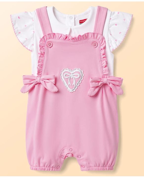 Babyhug Single Jersey Knit Dungaree & Half Sleeves Inner Tee with Bow Embroidery - White & Pink