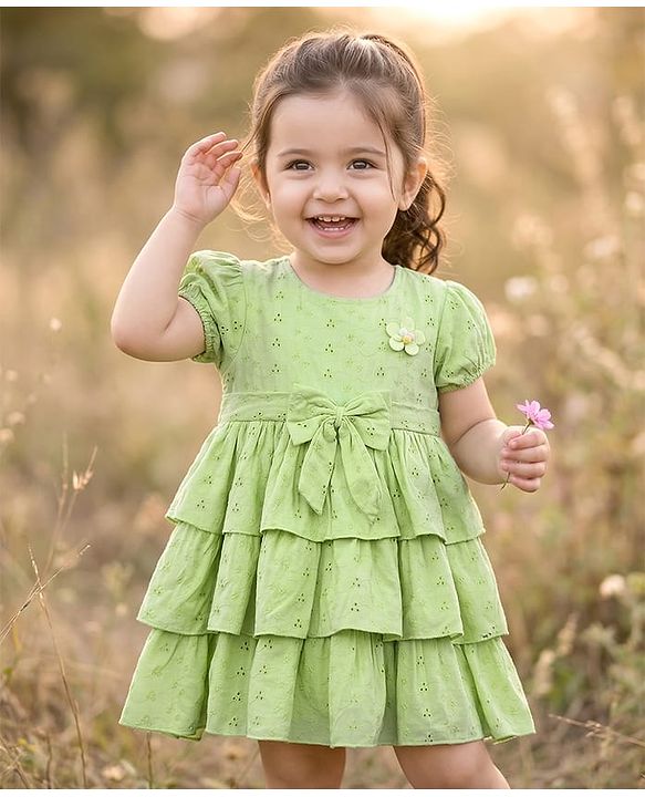 Babyhug Cotton Woven Half Sleeves Schiffili Frock with Bow & Floral Applique - Green