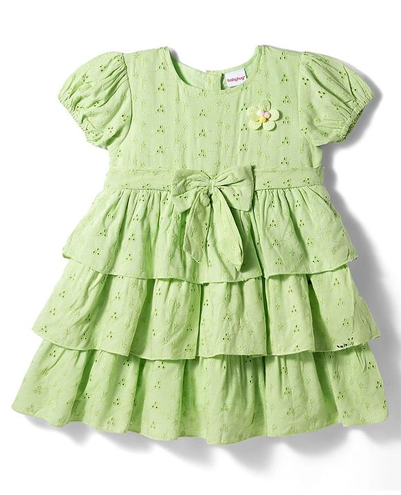 Babyhug Cotton Woven Half Sleeves Schiffili Frock with Bow & Floral Applique - Green
