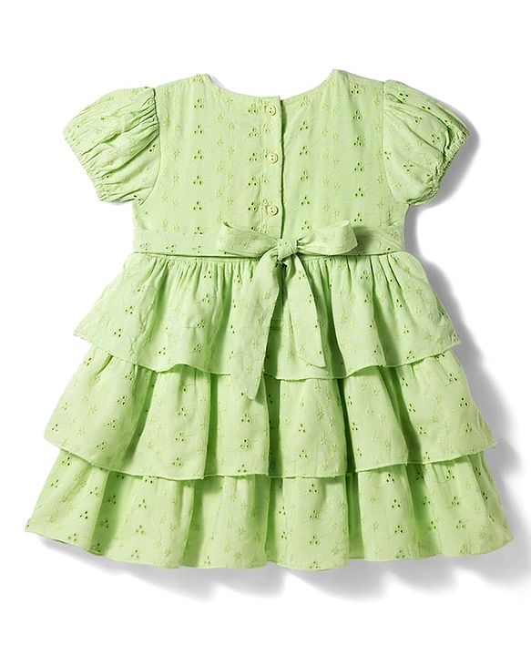 Babyhug Cotton Woven Half Sleeves Schiffili Frock with Bow & Floral Applique - Green