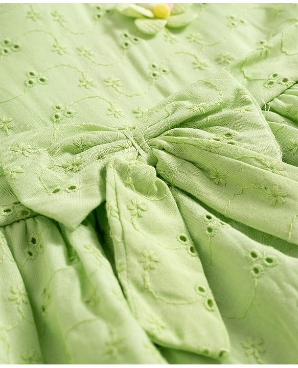 Babyhug Cotton Woven Half Sleeves Schiffili Frock with Bow & Floral Applique - Green