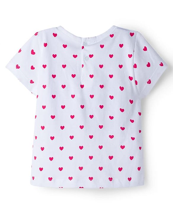 Babyhug Single Jersey Knit Half Sleeves Heart Printed Tee & Dungaree with Strawberry Patch - Dark Pink & White