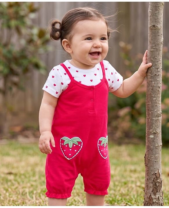 Babyhug Single Jersey Knit Half Sleeves Heart Printed Tee & Dungaree with Strawberry Patch - Dark Pink & White