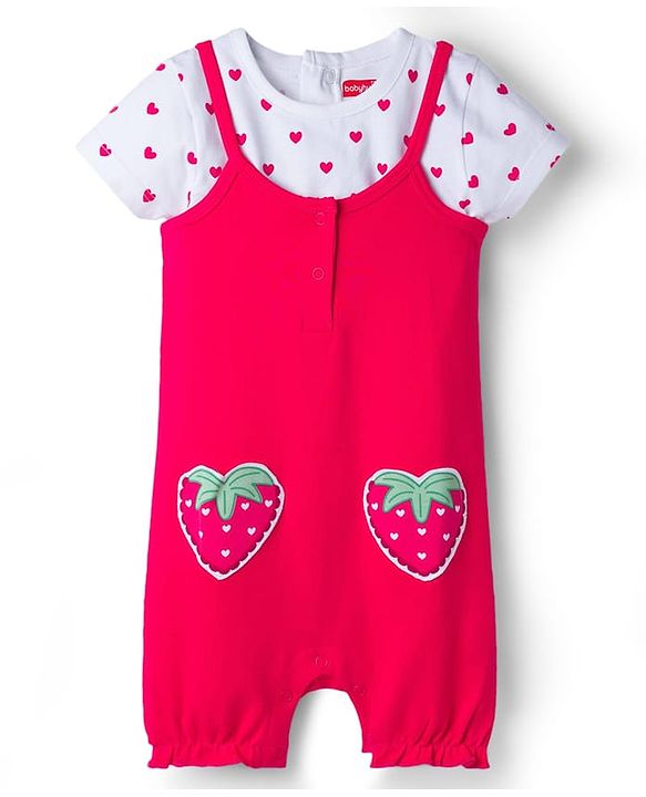 Babyhug Single Jersey Knit Half Sleeves Heart Printed Tee & Dungaree with Strawberry Patch - Dark Pink & White