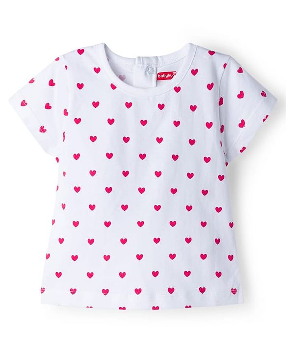 Babyhug Single Jersey Knit Half Sleeves Heart Printed Tee & Dungaree with Strawberry Patch - Dark Pink & White