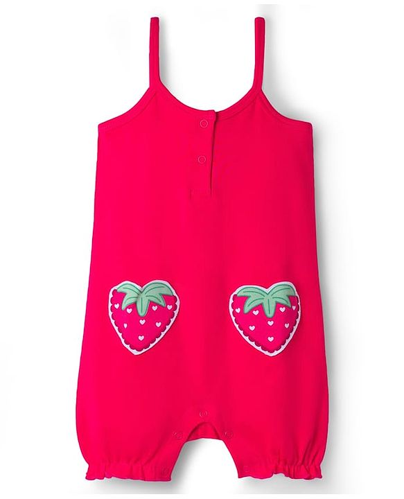 Babyhug Single Jersey Knit Half Sleeves Heart Printed Tee & Dungaree with Strawberry Patch - Dark Pink & White