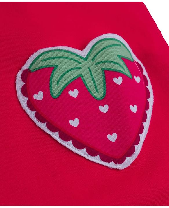 Babyhug Single Jersey Knit Half Sleeves Heart Printed Tee & Dungaree with Strawberry Patch - Dark Pink & White