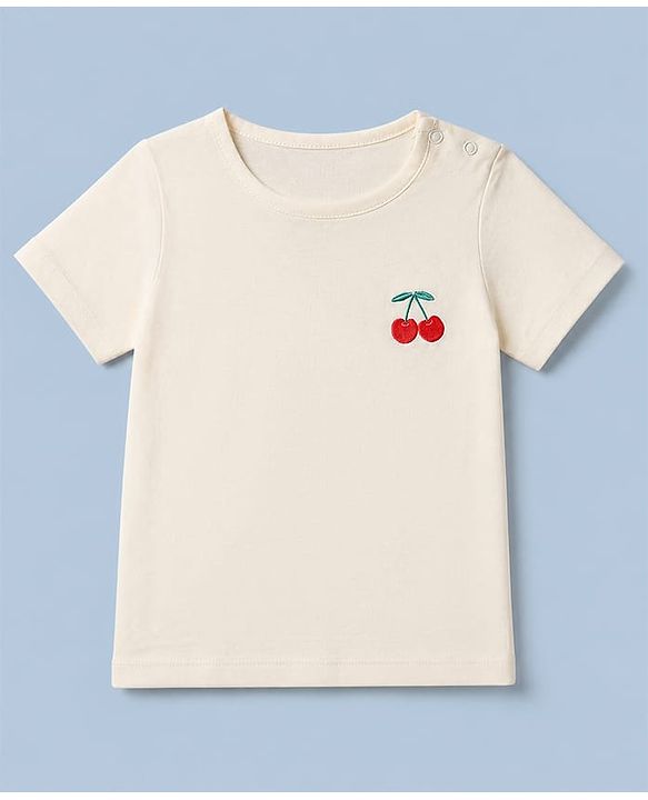 Babyhug Single Jersey Knit Half Sleeves Dungarees & Set With Cherry Embroidery - White