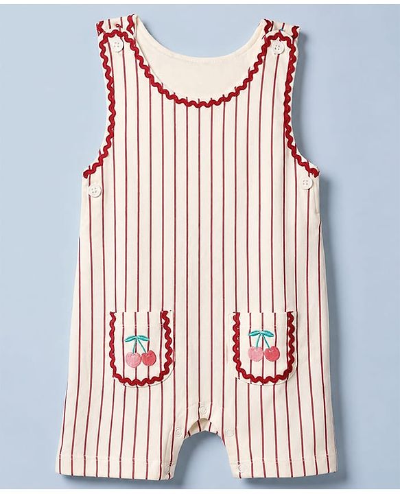 Babyhug Single Jersey Knit Half Sleeves Dungarees & Set With Cherry Embroidery - White