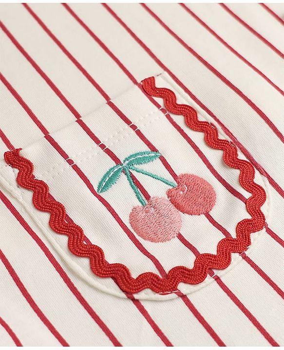 Babyhug Single Jersey Knit Half Sleeves Dungarees & Set With Cherry Embroidery - White