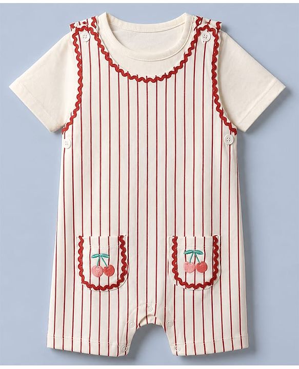 Babyhug Single Jersey Knit Half Sleeves Dungarees & Set With Cherry Embroidery - White