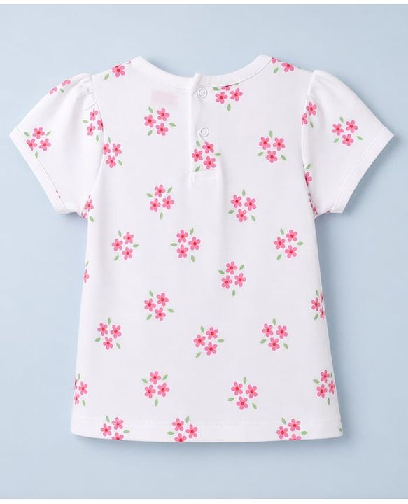 Babyhug 100% Cotton Single Jersey Knit Heart Embroidered Dungaree With Half Sleeves Floral Printed Tee - White