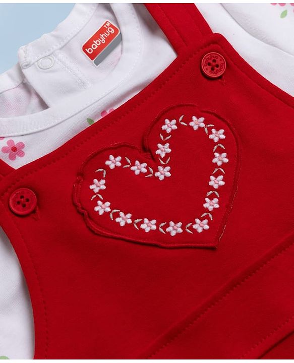 Babyhug 100% Cotton Single Jersey Knit Heart Embroidered Dungaree With Half Sleeves Floral Printed Tee - White