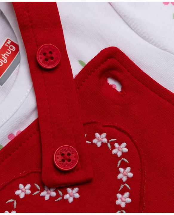 Babyhug 100% Cotton Single Jersey Knit Heart Embroidered Dungaree With Half Sleeves Floral Printed Tee - White