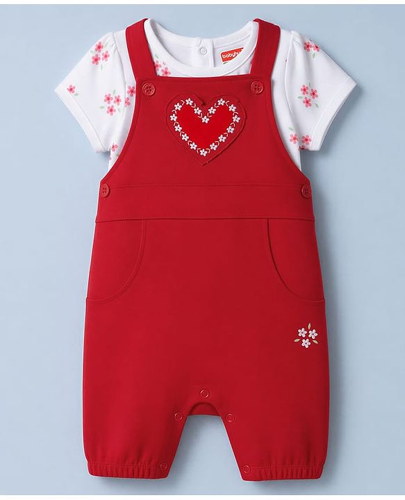 Babyhug 100% Cotton Single Jersey Knit Heart Embroidered Dungaree With Half Sleeves Floral Printed Tee - White