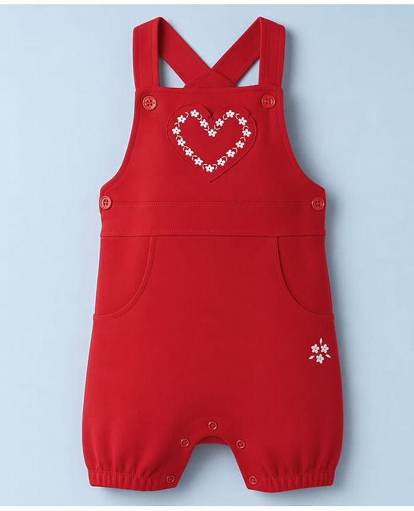 Babyhug 100% Cotton Single Jersey Knit Heart Embroidered Dungaree With Half Sleeves Floral Printed Tee - White
