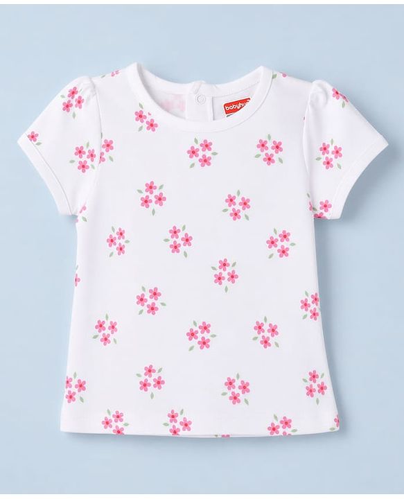 Babyhug 100% Cotton Single Jersey Knit Heart Embroidered Dungaree With Half Sleeves Floral Printed Tee - White