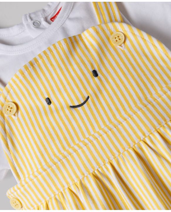Babyhug Single Jersey Knit Half Sleeves T-Shirt & Striped  Dungaree With Smiley Face Embroidery  - Yellow