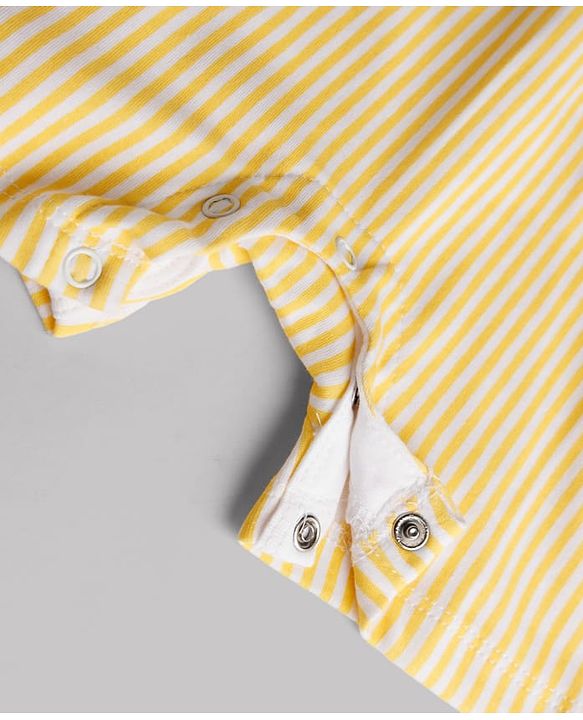 Babyhug Single Jersey Knit Half Sleeves T-Shirt & Striped  Dungaree With Smiley Face Embroidery  - Yellow
