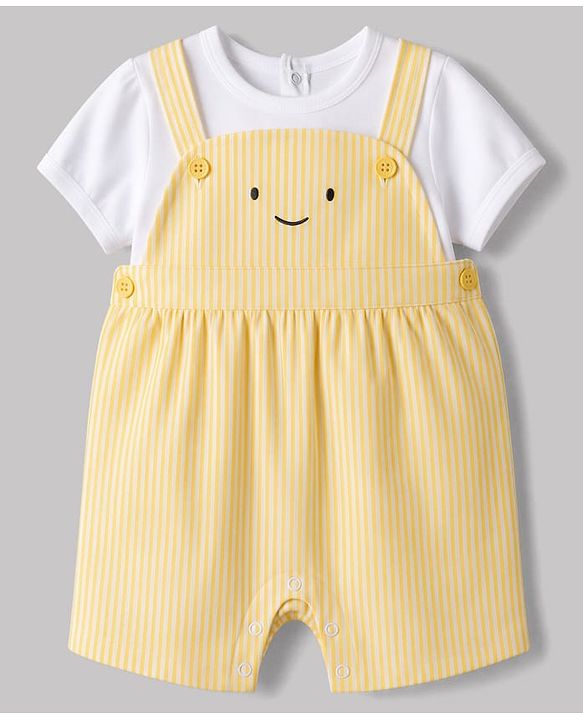Babyhug Single Jersey Knit Half Sleeves T-Shirt & Striped  Dungaree With Smiley Face Embroidery  - Yellow