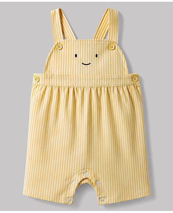 Babyhug Single Jersey Knit Half Sleeves T-Shirt & Striped  Dungaree With Smiley Face Embroidery  - Yellow