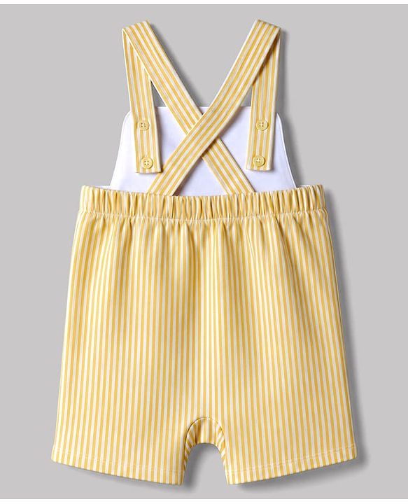Babyhug Single Jersey Knit Half Sleeves T-Shirt & Striped  Dungaree With Smiley Face Embroidery  - Yellow