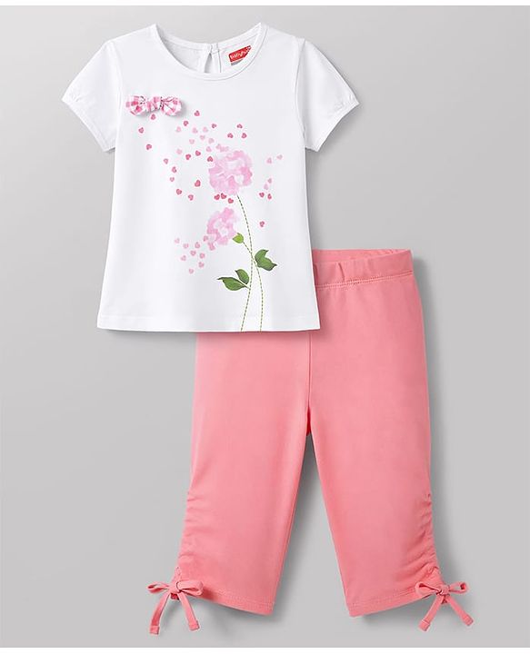 Babyhug Single Jersey Half Sleeves Top & Pyjama Set With Floral Print & Applique - White & Pink