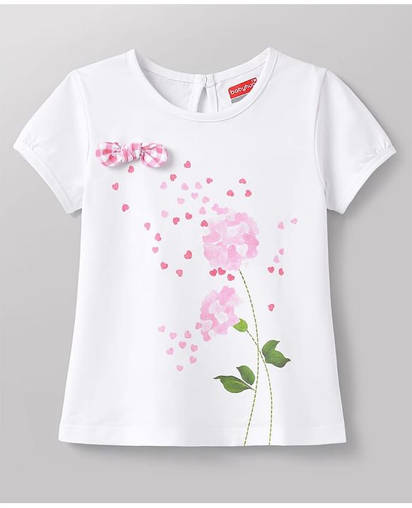 Babyhug Single Jersey Half Sleeves Top & Pyjama Set With Floral Print & Applique - White & Pink