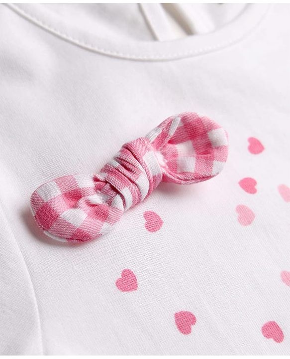 Babyhug Single Jersey Half Sleeves Top & Pyjama Set With Floral Print & Applique - White & Pink
