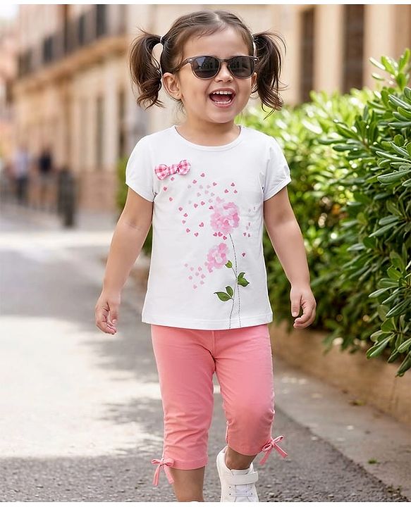 Babyhug Single Jersey Half Sleeves Top & Pyjama Set With Floral Print & Applique - White & Pink