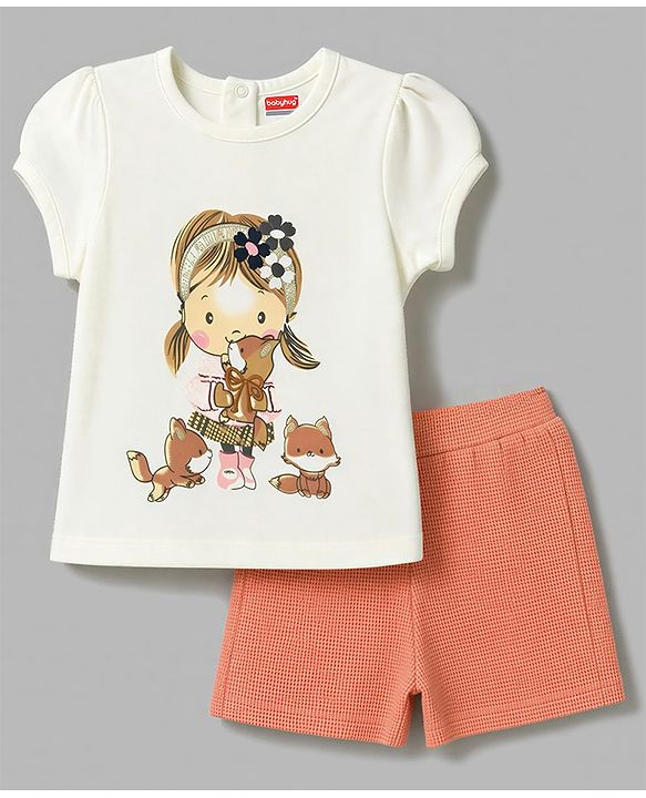 Babyhug 100% Cotton Single Jersey Knit Half Sleeves Top and Textured Shorts With Doll Graphic - White