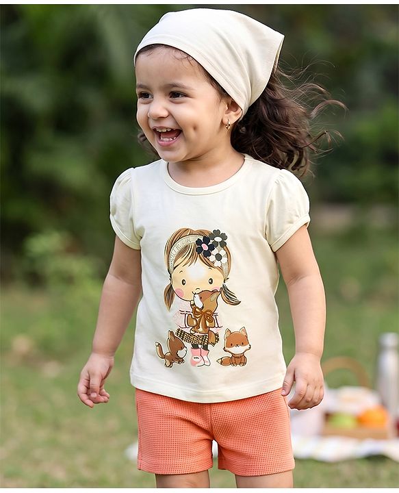 Babyhug 100% Cotton Single Jersey Knit Half Sleeves Top and Textured Shorts With Doll Graphic - White