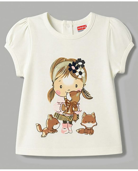 Babyhug 100% Cotton Single Jersey Knit Half Sleeves Top and Textured Shorts With Doll Graphic - White