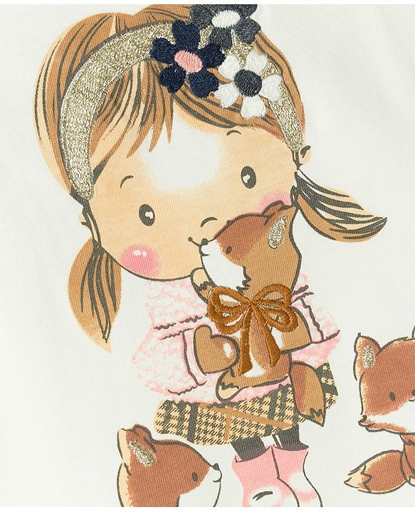 Babyhug 100% Cotton Single Jersey Knit Half Sleeves Top and Textured Shorts With Doll Graphic - White