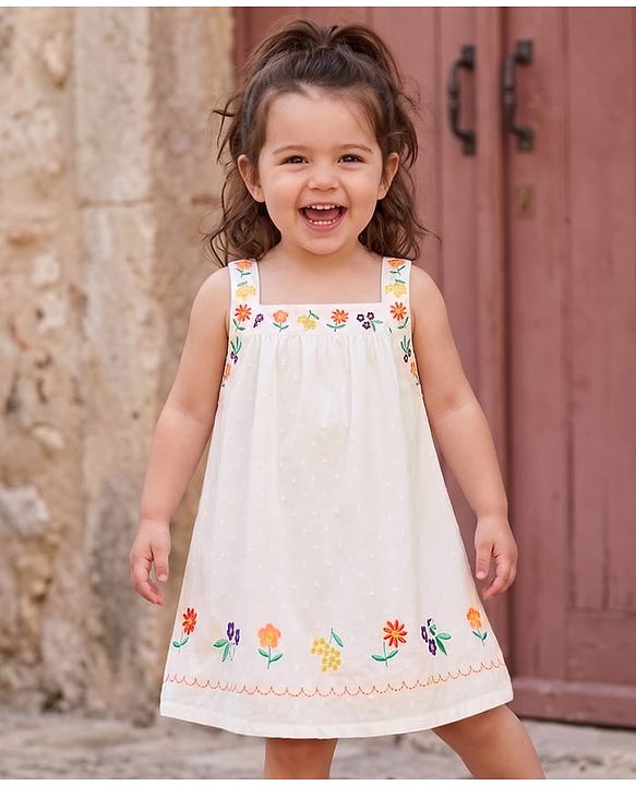 Babyhug Cotton Woven Sleeveless Floral Embroidered Frock - White