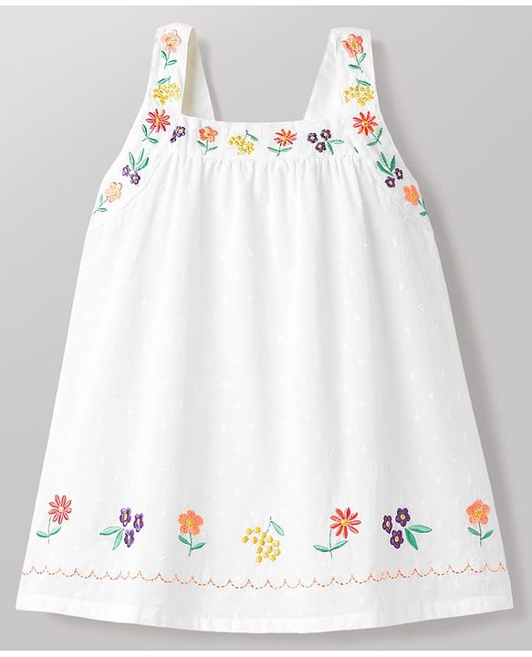 Babyhug Cotton Woven Sleeveless Floral Embroidered Frock - White