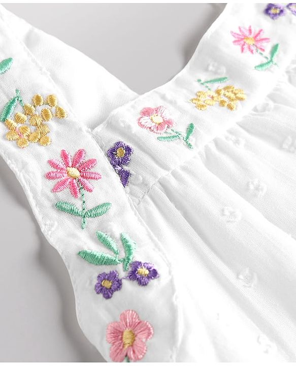 Babyhug Cotton Woven Sleeveless Floral Embroidered Frock - White