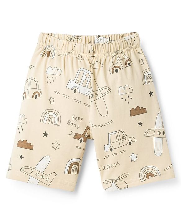Babyhug Cotton Knit Half Sleeves Co-Ord T-Shirt & Shorts Night Suit With Car Print - Brown & Beige
