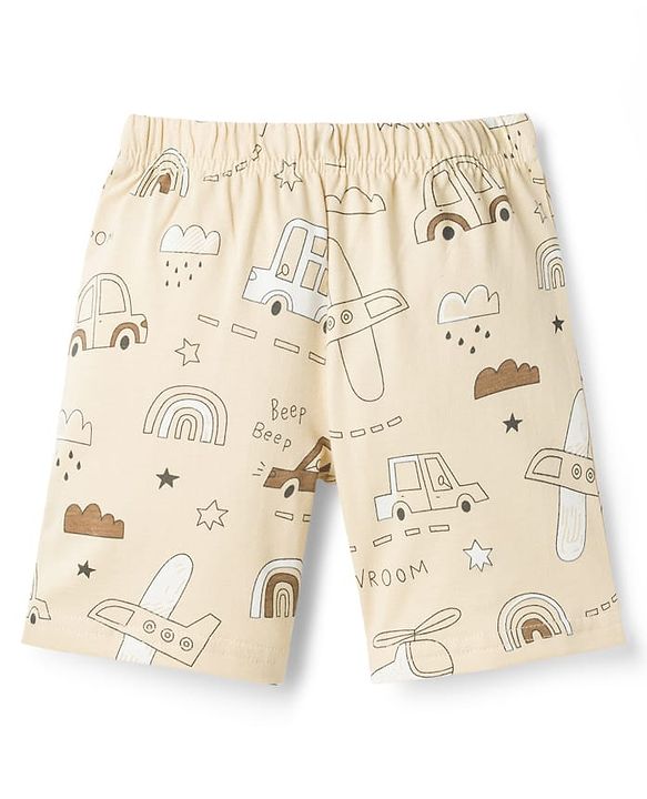 Babyhug Cotton Knit Half Sleeves Co-Ord T-Shirt & Shorts Night Suit With Car Print - Brown & Beige