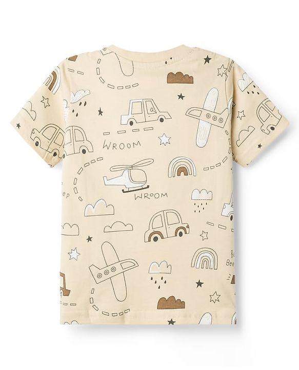 Babyhug Cotton Knit Half Sleeves Co-Ord T-Shirt & Shorts Night Suit With Car Print - Brown & Beige