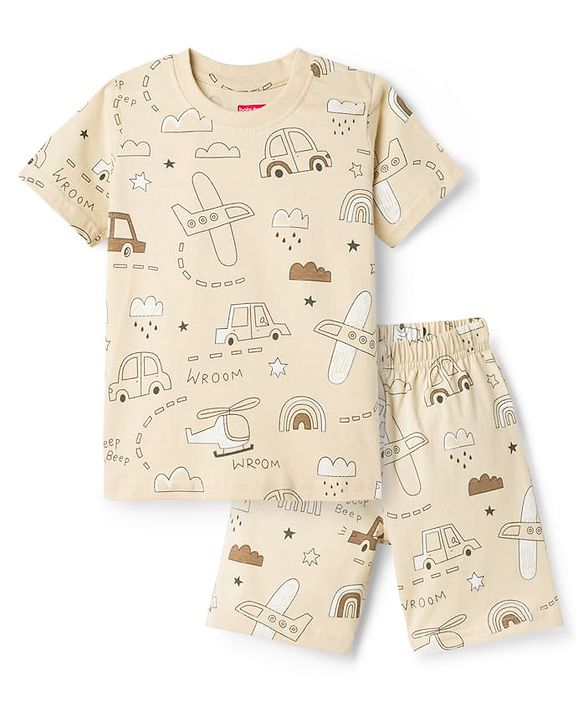 Babyhug Cotton Knit Half Sleeves Co-Ord T-Shirt & Shorts Night Suit With Car Print - Brown & Beige