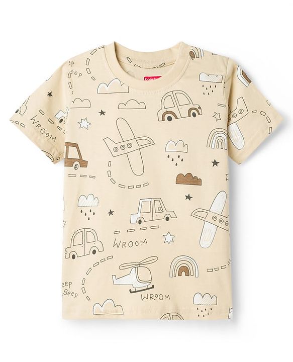 Babyhug Cotton Knit Half Sleeves Co-Ord T-Shirt & Shorts Night Suit With Car Print - Brown & Beige