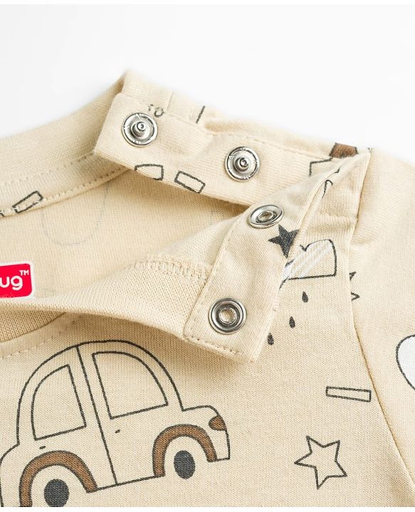 Babyhug Cotton Knit Half Sleeves Co-Ord T-Shirt & Shorts Night Suit With Car Print - Brown & Beige