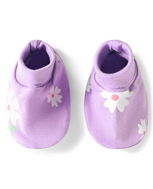 Babyhug 100% Cotton Knit Floral Printed Mittens & Booties Set - Purple