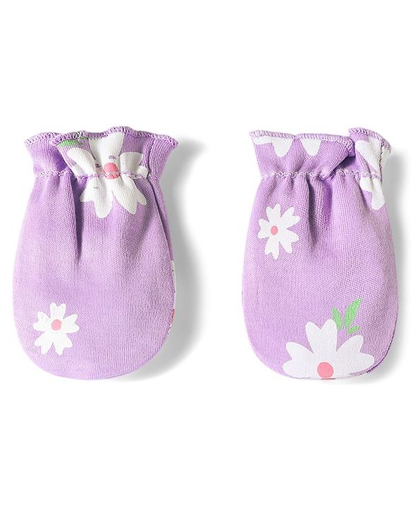 Babyhug 100% Cotton Knit Floral Printed Mittens & Booties Set - Purple