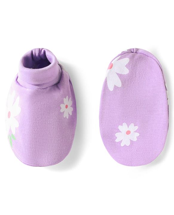 Babyhug 100% Cotton Knit Floral Printed Mittens & Booties Set - Purple