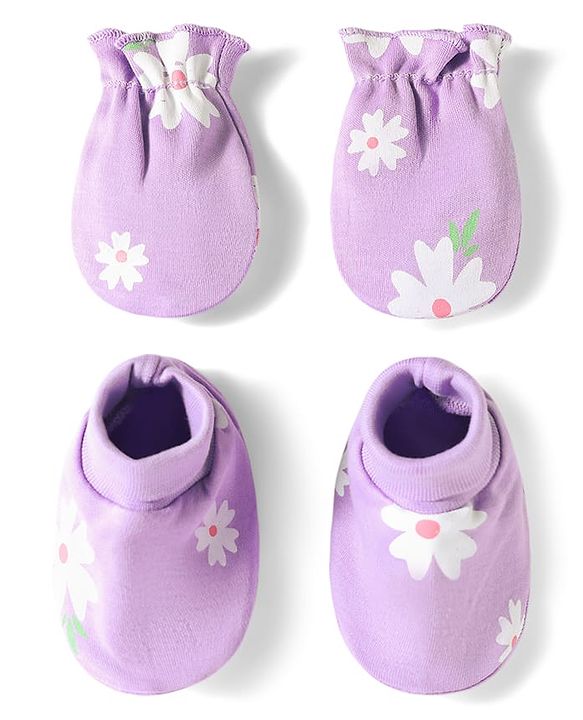 Babyhug 100% Cotton Knit Floral Printed Mittens & Booties Set - Purple